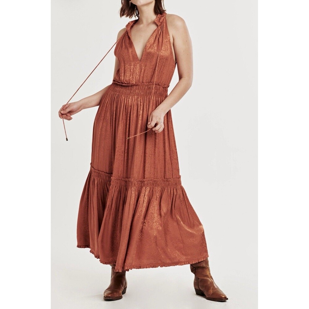 Dear John Esther Novelty Dress Orange Wood Halter Smocked Silk Maxi Size XS